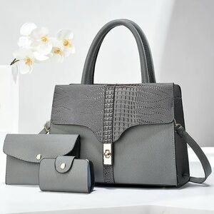 Classic Women's Grey Structured Handbag Set